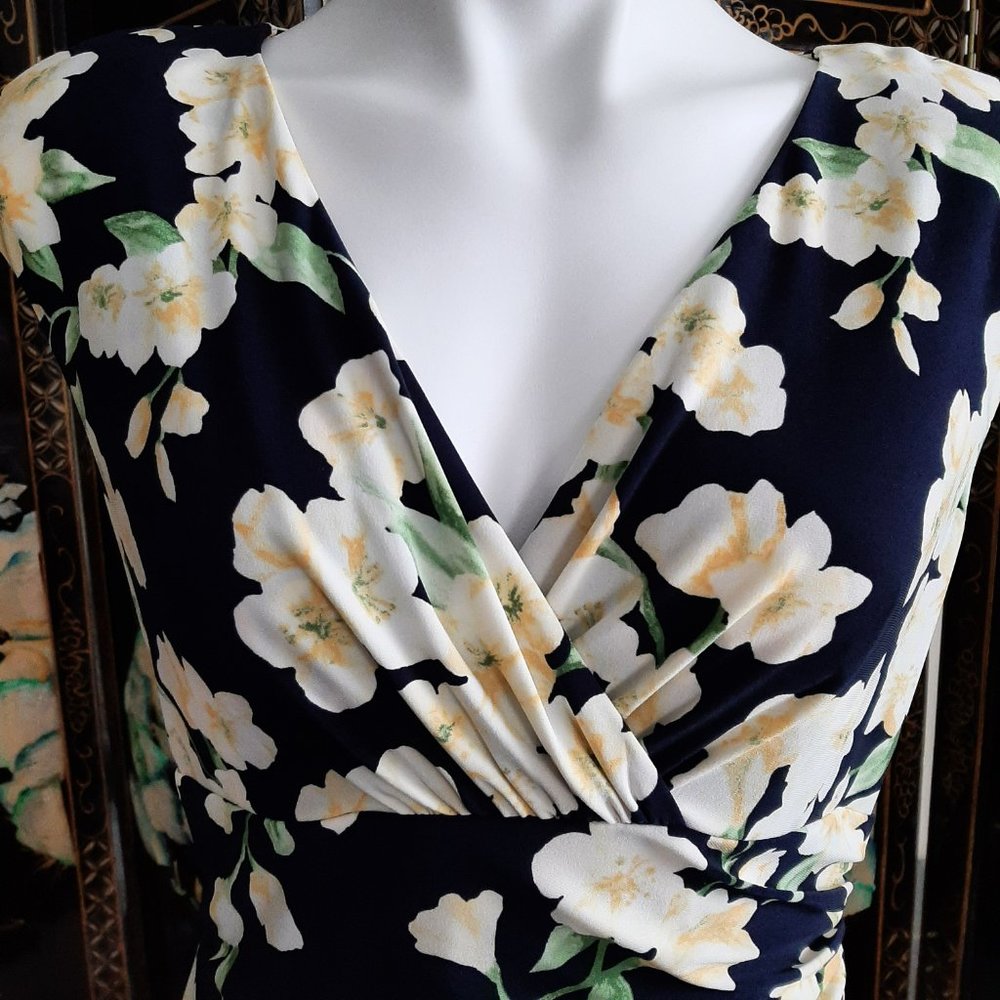 Ralph Lauren Side Shirred Floral Yellow and Navy Dress - Picture 5 of 10